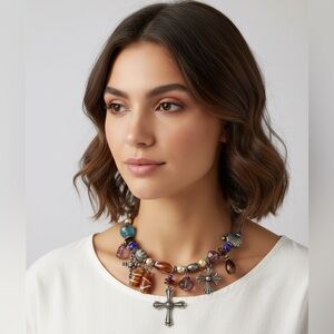 Beaded Charm Bracelet with Cross Pendants